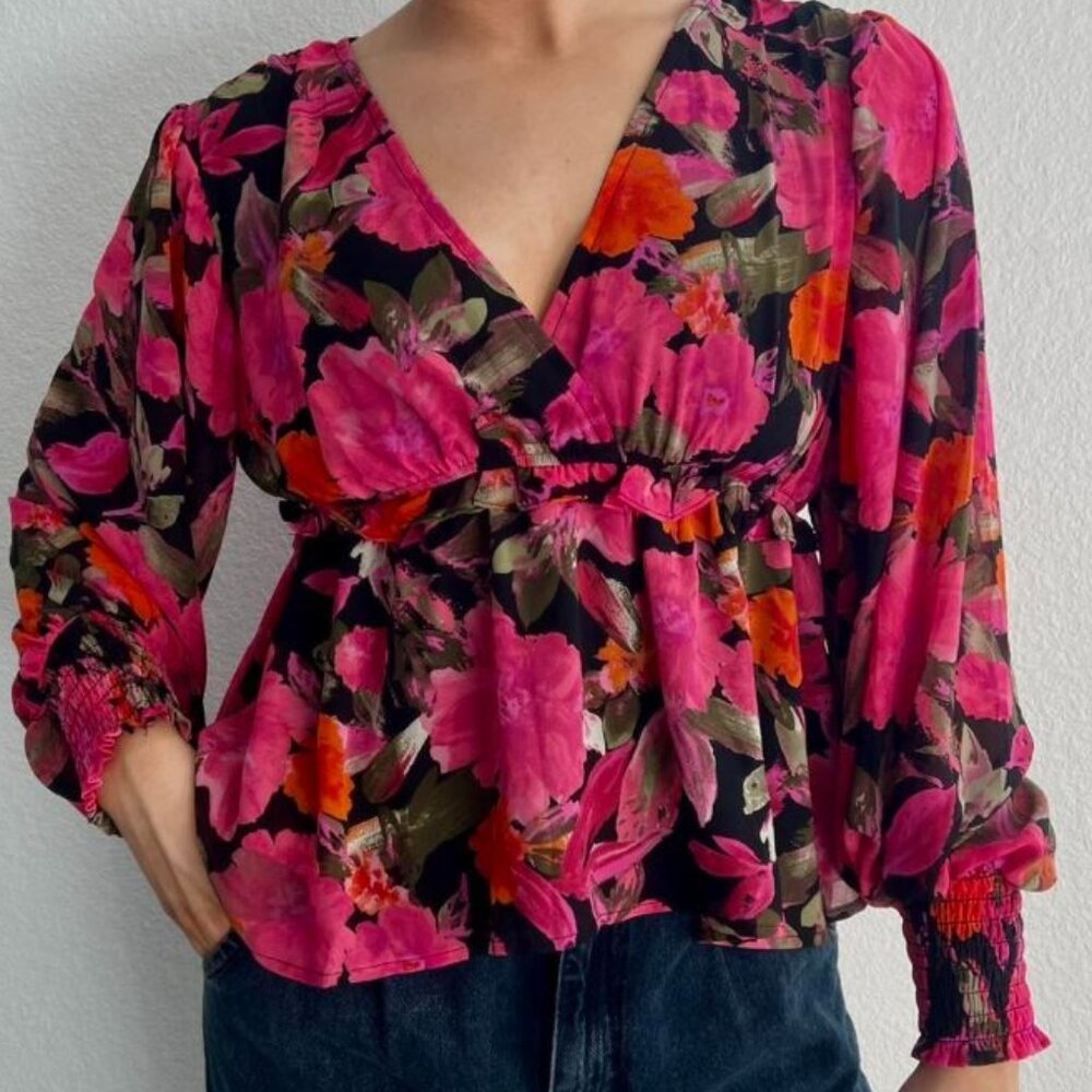 Blu Pepper | Floral Babydoll Long Sleeve Garden Dreams Blouse Pink | Medium